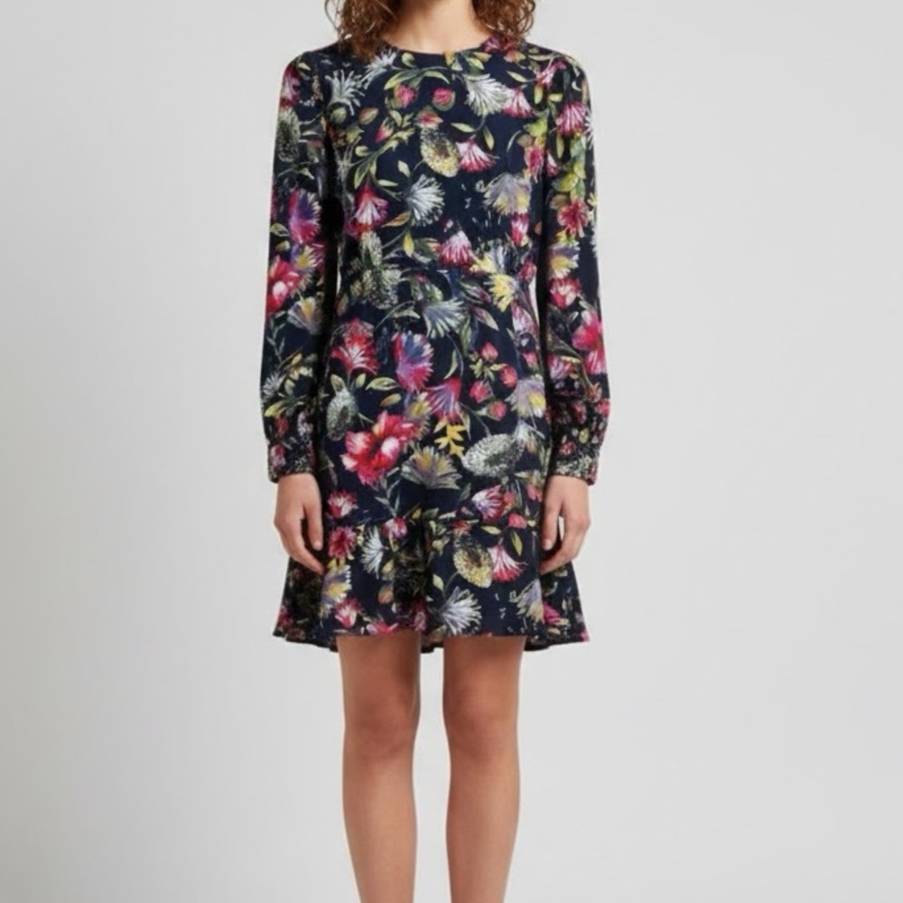 J. Crew Blue Navy Floral Long Sleeve A Line Mini Dress 0